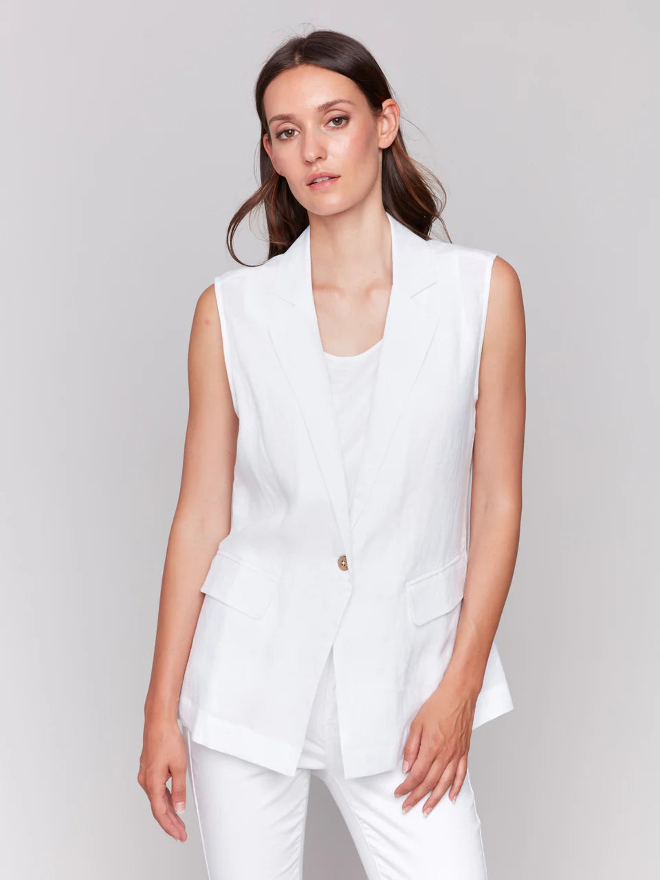 Sleeveless Vest with Tailor Collar & 1 Button - White - BAY WINDOW