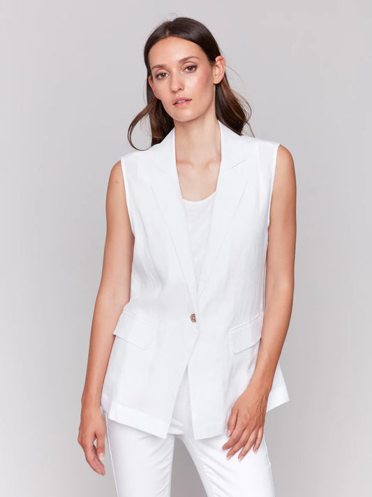 Sleeveless Vest with Tailor Collar & 1 Button - White - BAY WINDOW