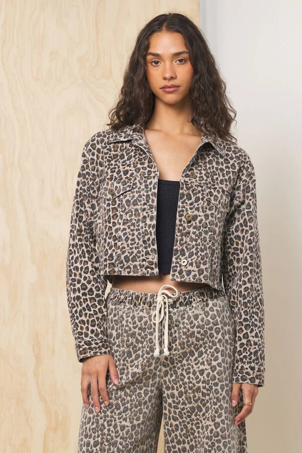 Stretch Denim Crop Jacket - Leopard - BAY WINDOW