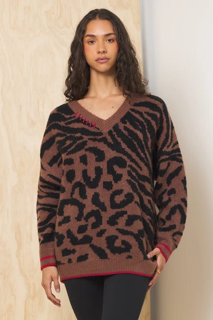 V-Neck Jacquard Sweater - Wild Caramel w/ Red - BAY WINDOW