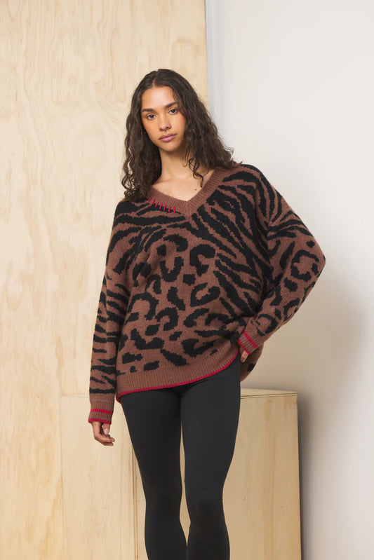 V-Neck Jacquard Sweater - Wild Caramel w/ Red - BAY WINDOW