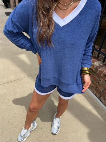 Marx V-Neck Terry Sweatshirt - Yacht Blue - BAY WINDOW