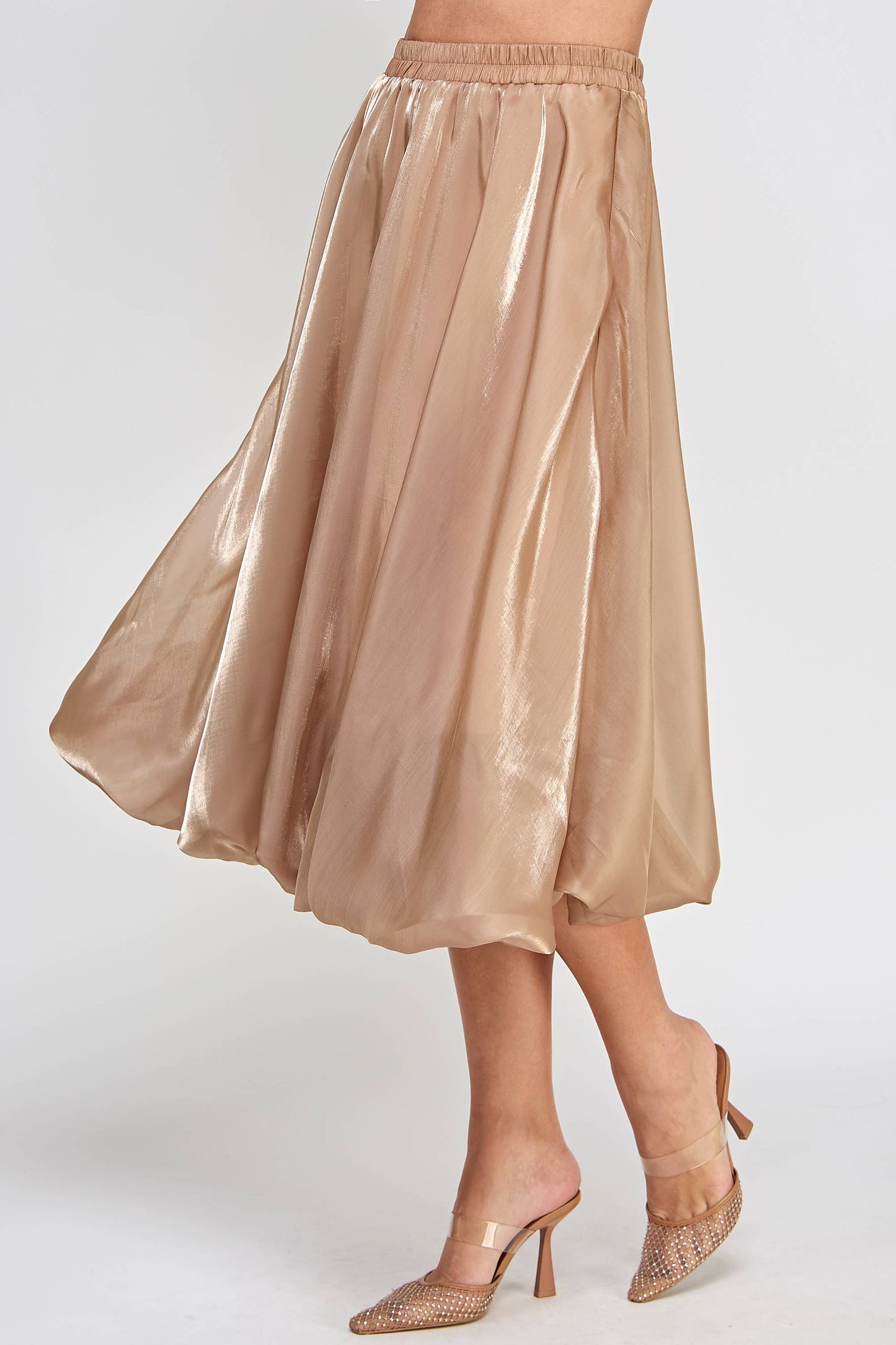 Shiny Bubble Hem Midi Skirt - Camel