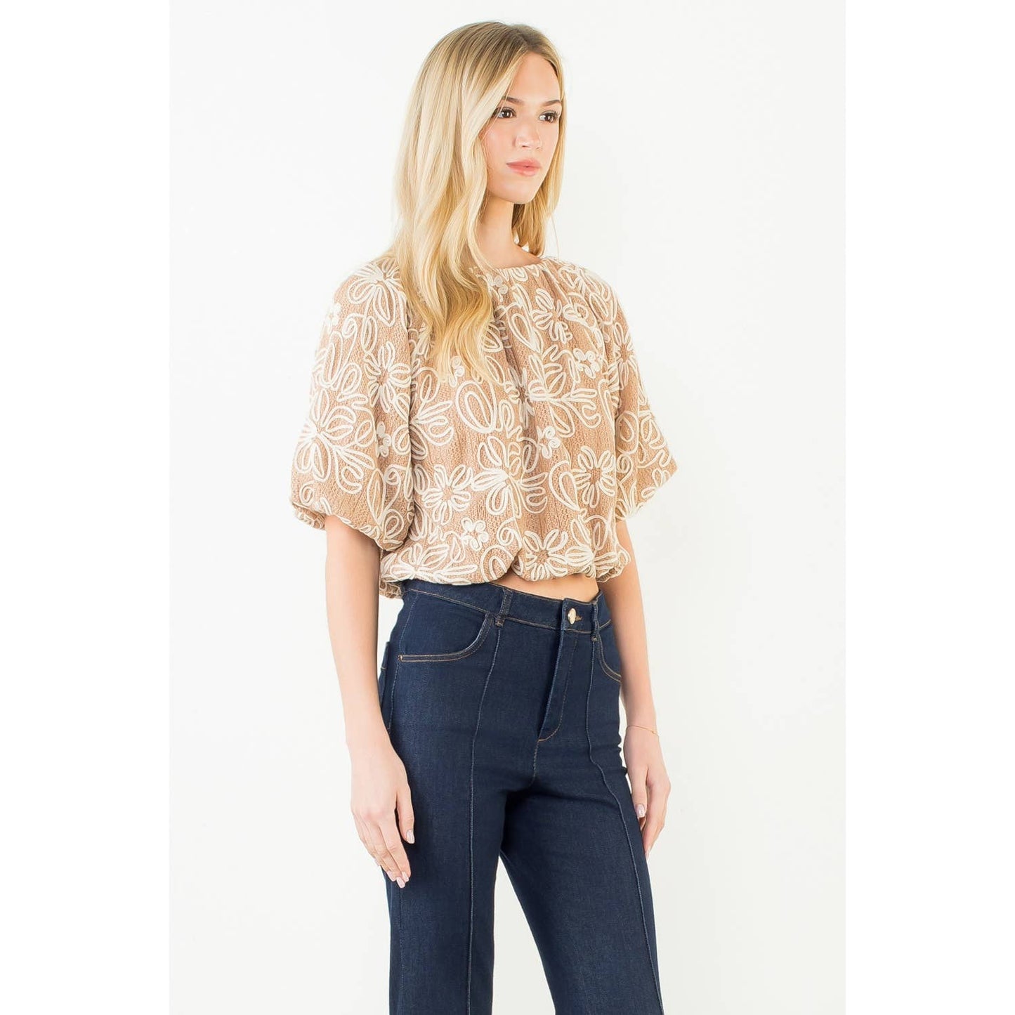 Puff Sleeve Floral Embroidery Detail Top
