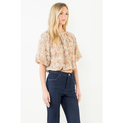 Puff Sleeve Floral Embroidery Detail Top