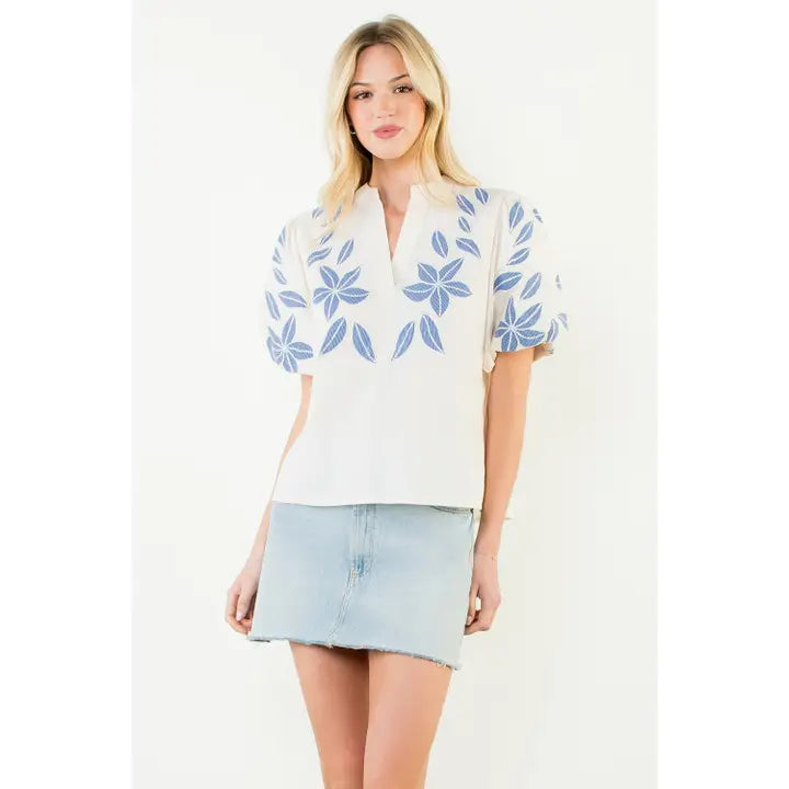 Puff Sleeve Floral Embroidery V-Neck Top - Cream