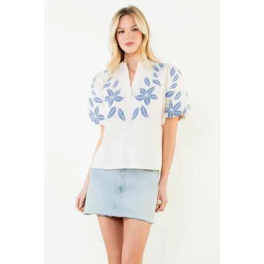Puff Sleeve Floral Embroidery V-Neck Top - Cream