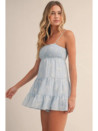 Embroidered Smocked Tiered Romper (Fully Lined) - Blue