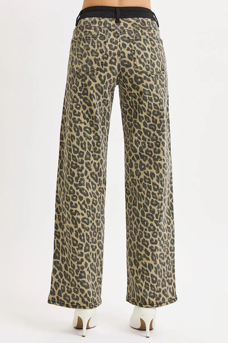 High Rise Wide Leg Leopard Printed Contrast WB Detail Pants - Coffee