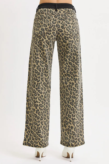 High Rise Wide Leg Leopard Printed Contrast WB Detail Pants - Coffee