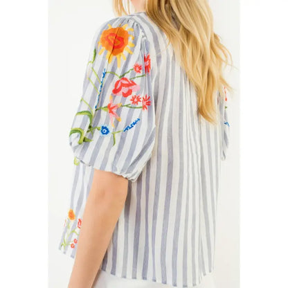 Embroidery Detail Puff Sleeve Striped Top - Blue