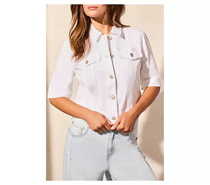 Comfort Stretch Elbow-Sleeve Denim Jacket - White