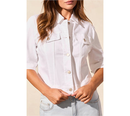 Comfort Stretch Elbow-Sleeve Denim Jacket - White