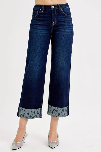 Slouchy Cropped Wide Jeans w/ Printed Cuffed Hem - Dark Wash