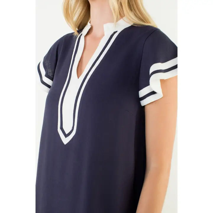 Flutter Sleeve V-Neck Dress - Navy