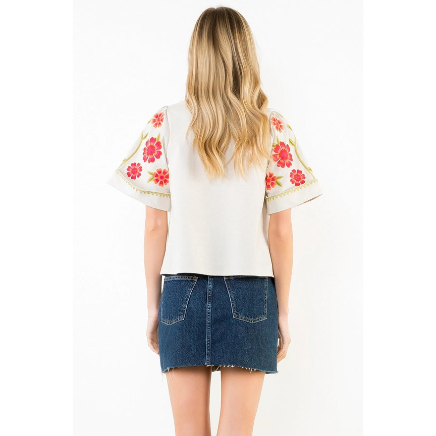 Short Sleeve Floral Embroidery Detail Top - Beige