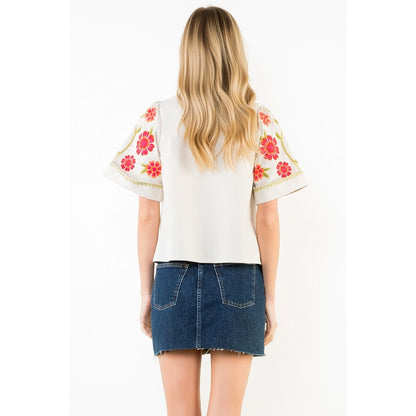 Short Sleeve Floral Embroidery Detail Top - Beige