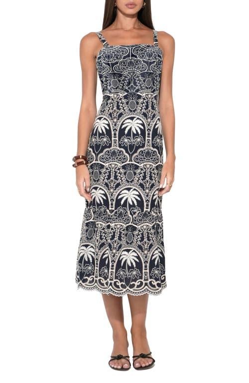 Evangeline Scallop Cotton Embroidery Midi Dress - Navy/Ivory