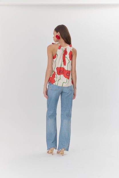 Anaia Abstract Rose Print Side Tie Top - Cream/Red - BAY WINDOW