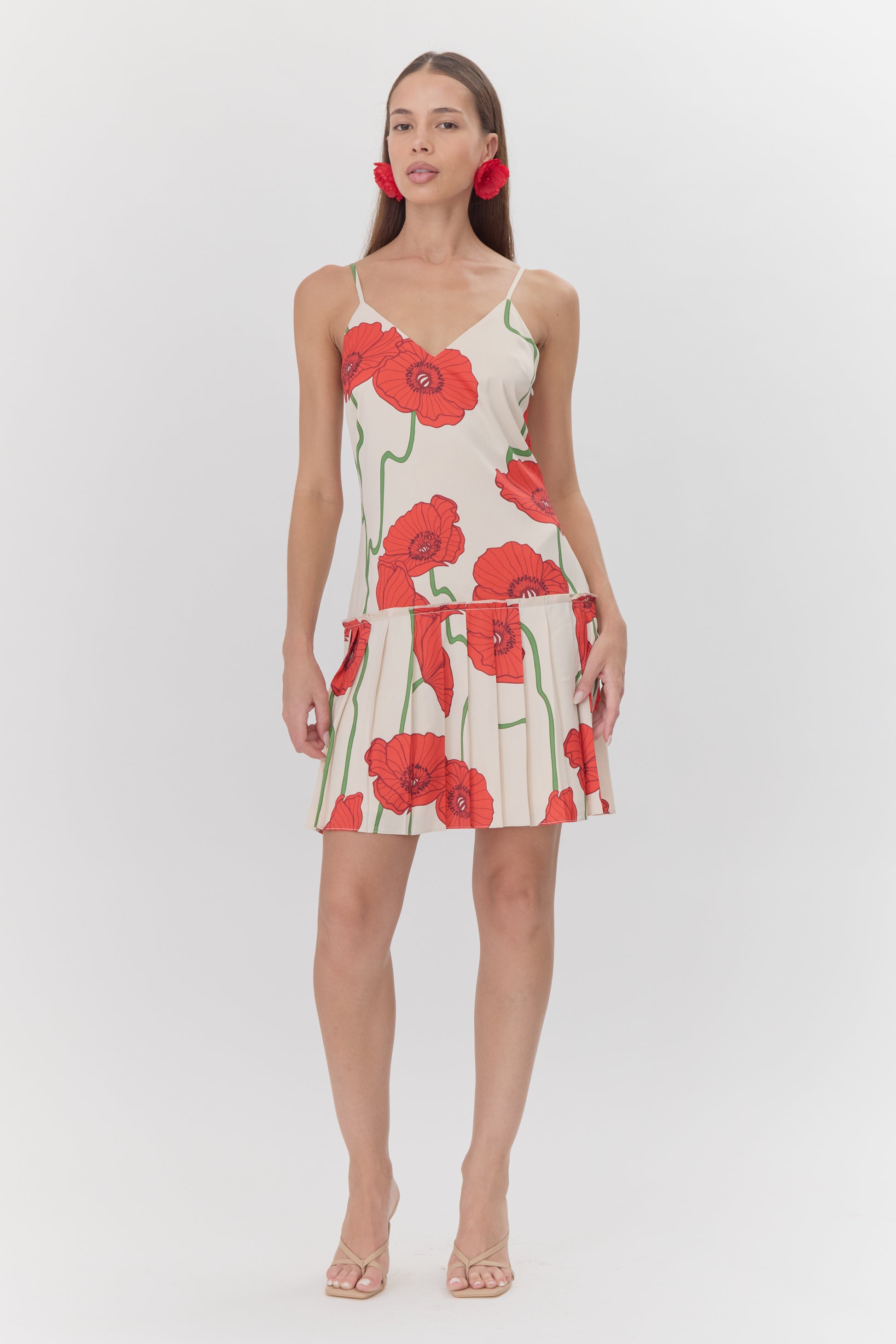 Camila Abstract Rose Print Pleated Mini Dress - Cream/Red - BAY WINDOW
