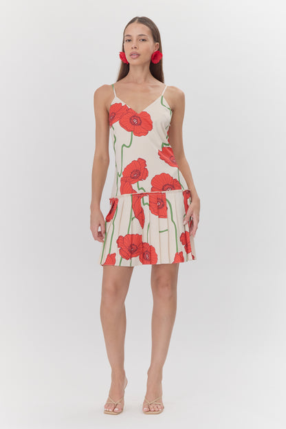 Camila Abstract Rose Print Pleated Mini Dress - Cream/Red - BAY WINDOW