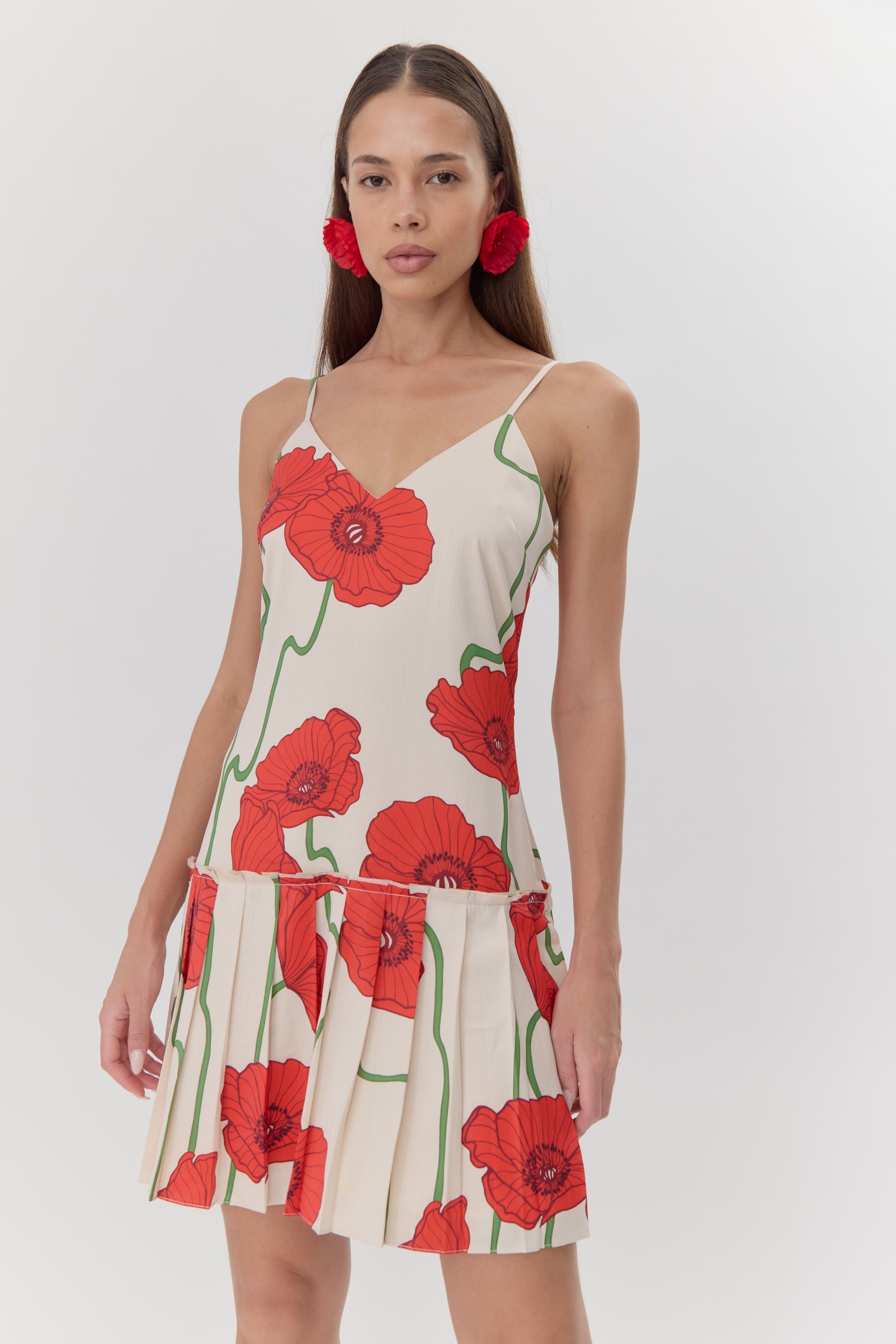 Camila Abstract Rose Print Pleated Mini Dress - Cream/Red - BAY WINDOW