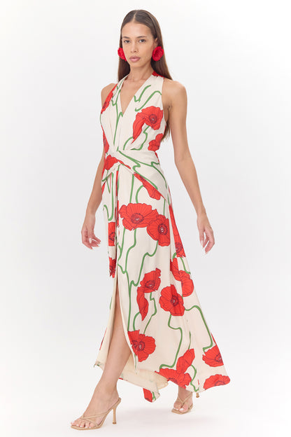 Rosalyn Abstract Rose Print Maxi Dress - Cream/REd
