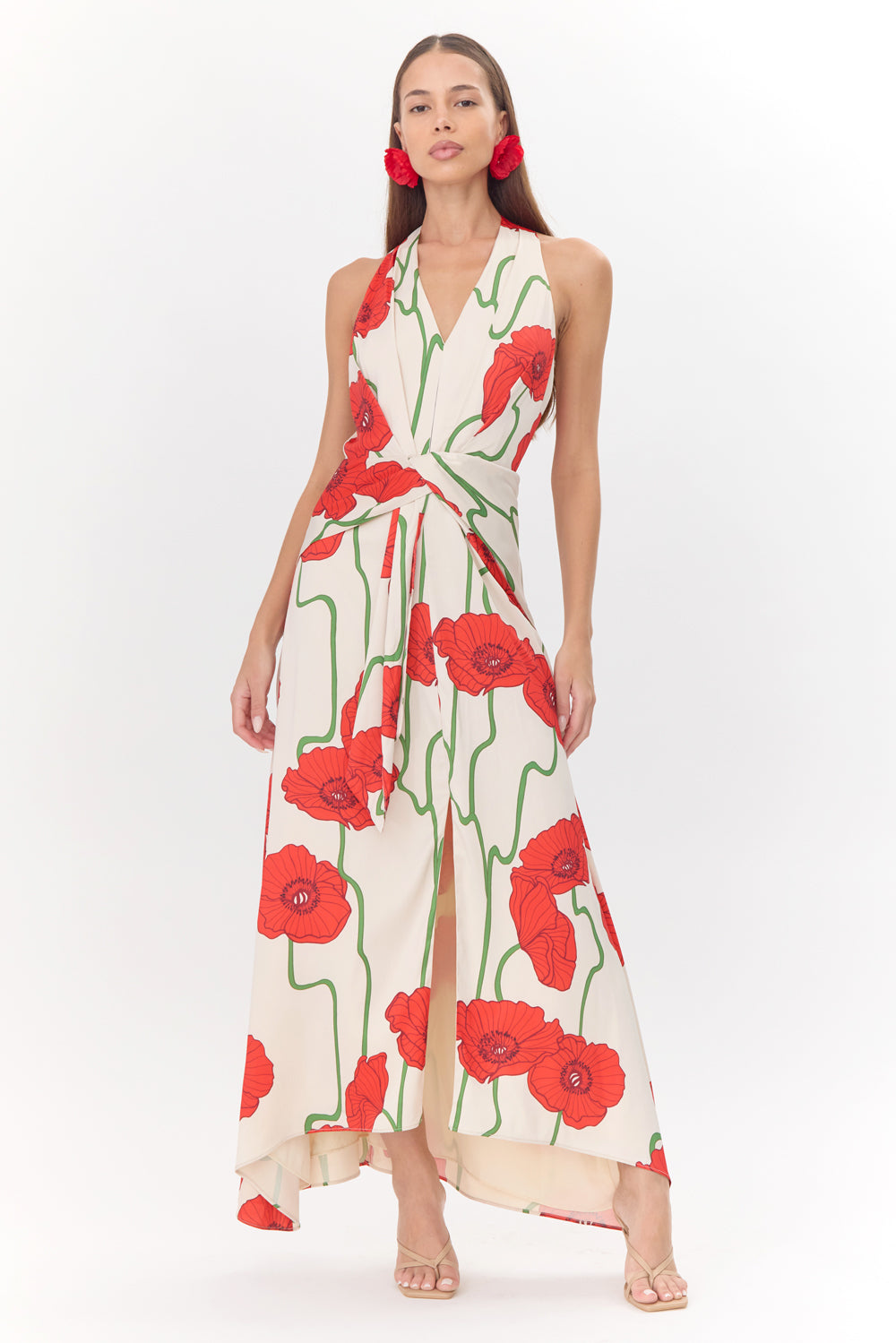 red and cream maxi dress Fayola Printed Maxi Dress in Cream with Red Watercolour Flower , Crew Neck