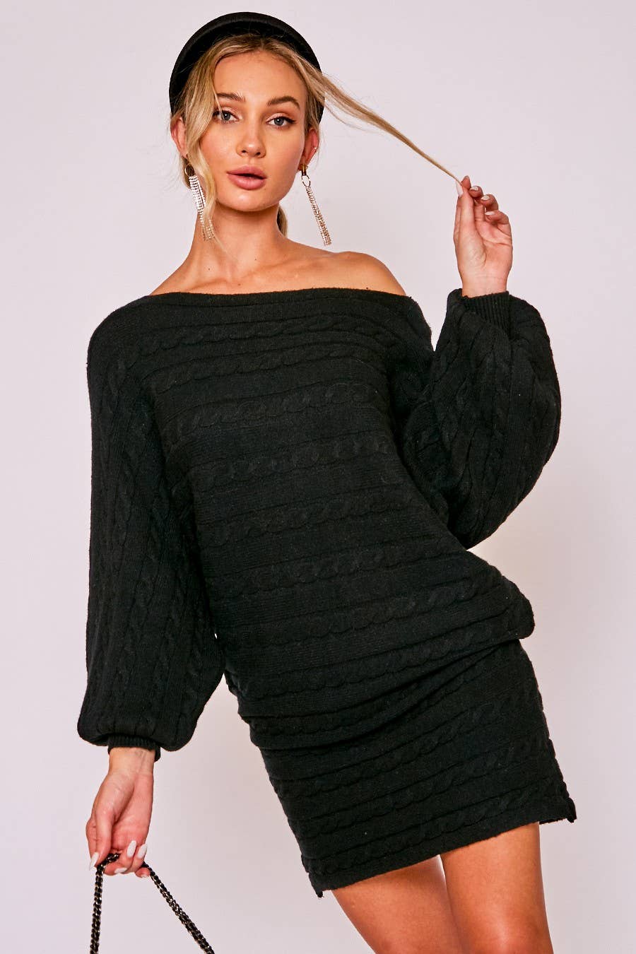 Dolman Knitted Sweater Horizontal Cable Detail Dress