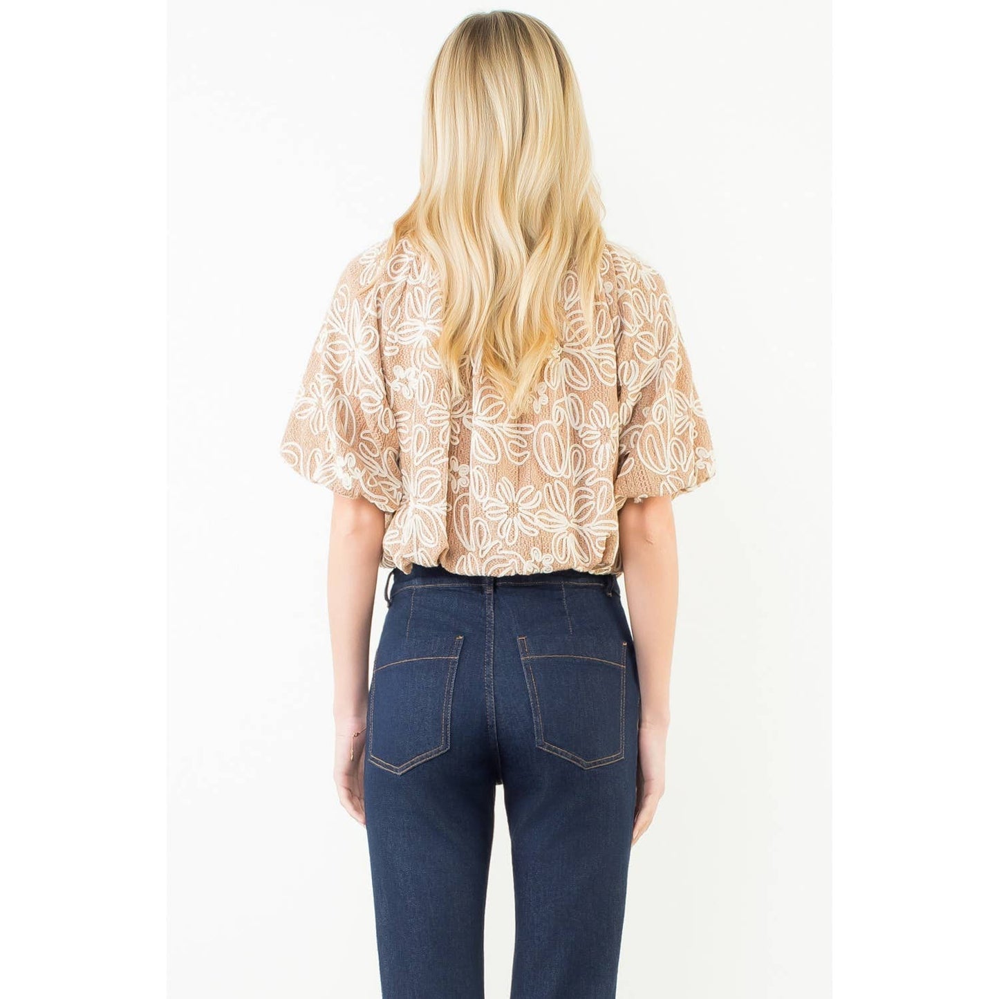 Puff Sleeve Floral Embroidery Detail Top