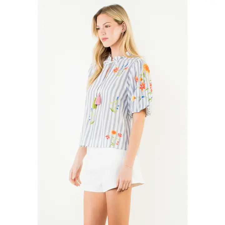 Embroidery Detail Puff Sleeve Striped Top - Blue