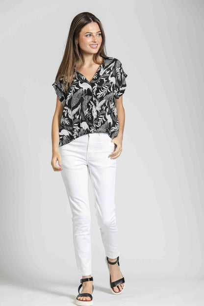 Printed Wrap Blouse w/ Tabbed Cuffs - Black/White - BAY WINDOW