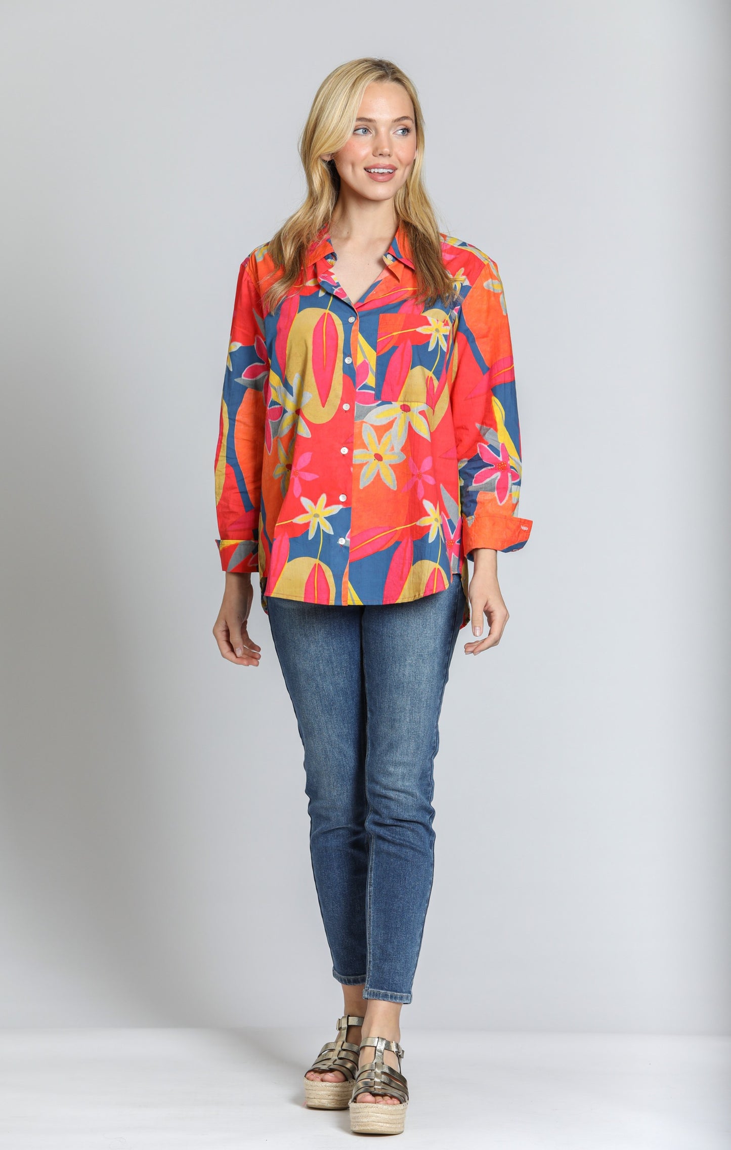 T19P/C-O32D/CT Boyfriend Button Up Shirt - Bright Orange Multi - BAY WINDOW