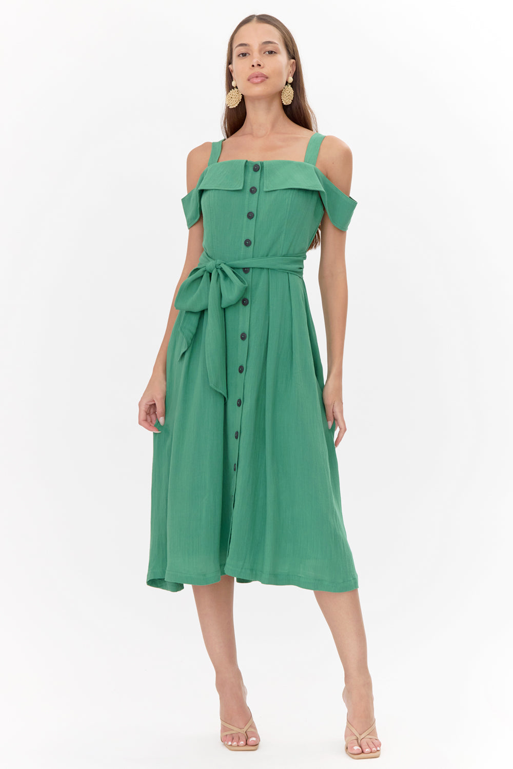 Astrid Off Shoulder Button Front Midi Dress