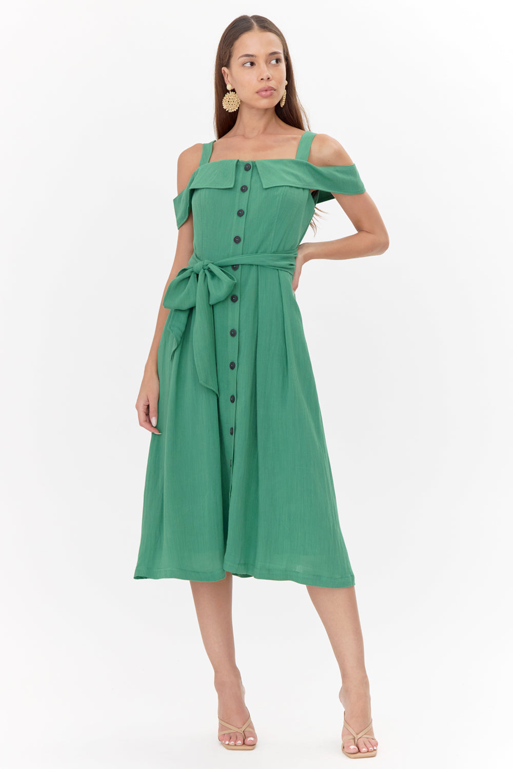 Astrid Off Shoulder Button Front Midi Dress