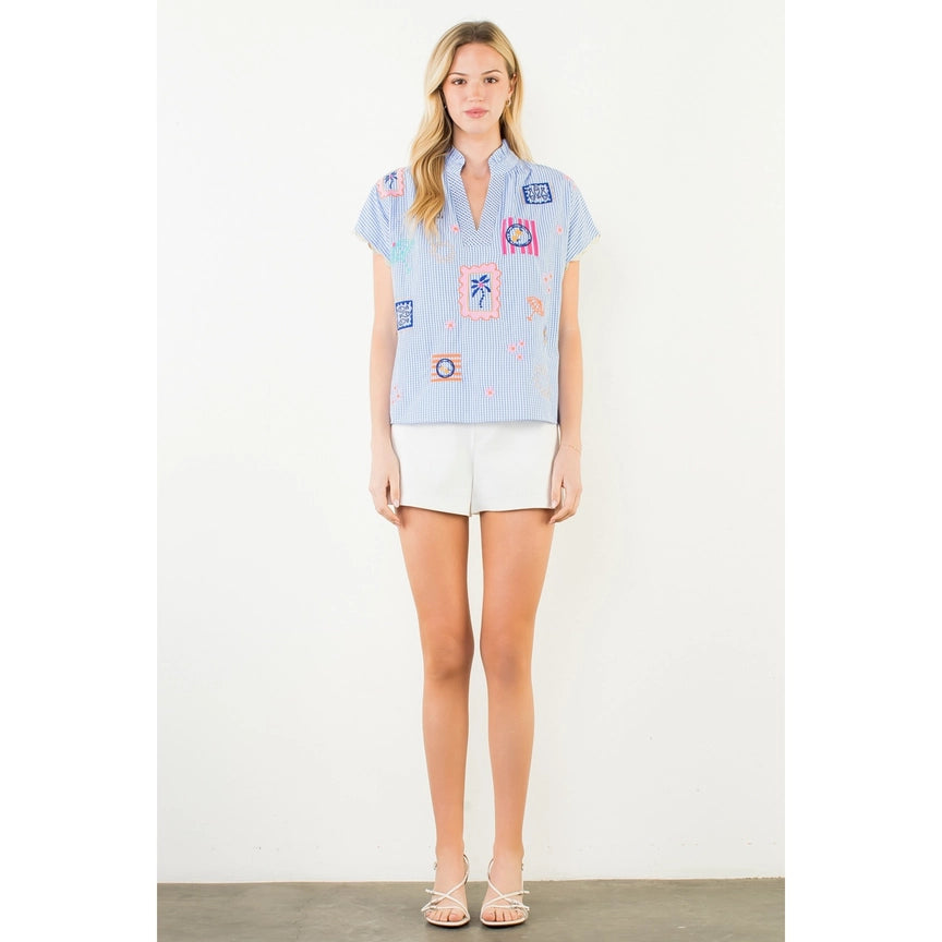 Short Sleeve Embroidery Detail Gingham Top - Blue