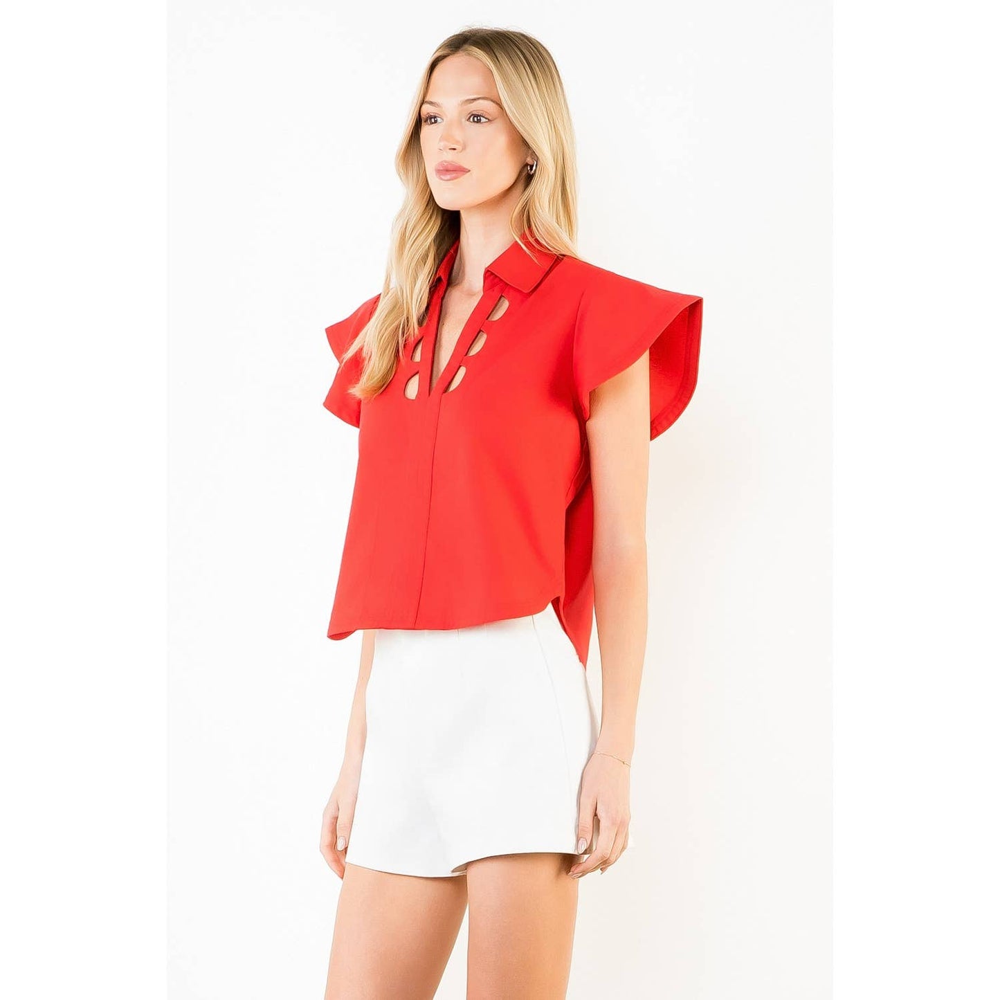 Short Sleeve Cut Out Detail Neckline Top