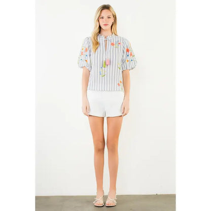 Embroidery Detail Puff Sleeve Striped Top - Blue