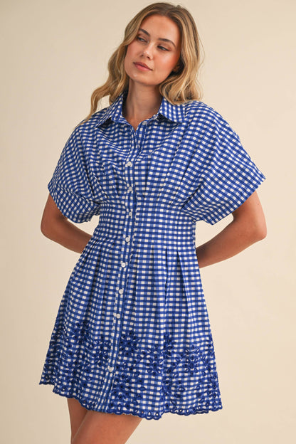 IDA1132-B GINGHAM SCALLOPED EMBROIDERED BUTTON DOWN SHIRT DR