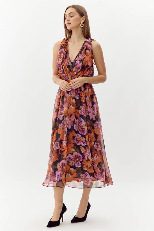 Vianka Tie Shoulder Chiffon Midi Dress