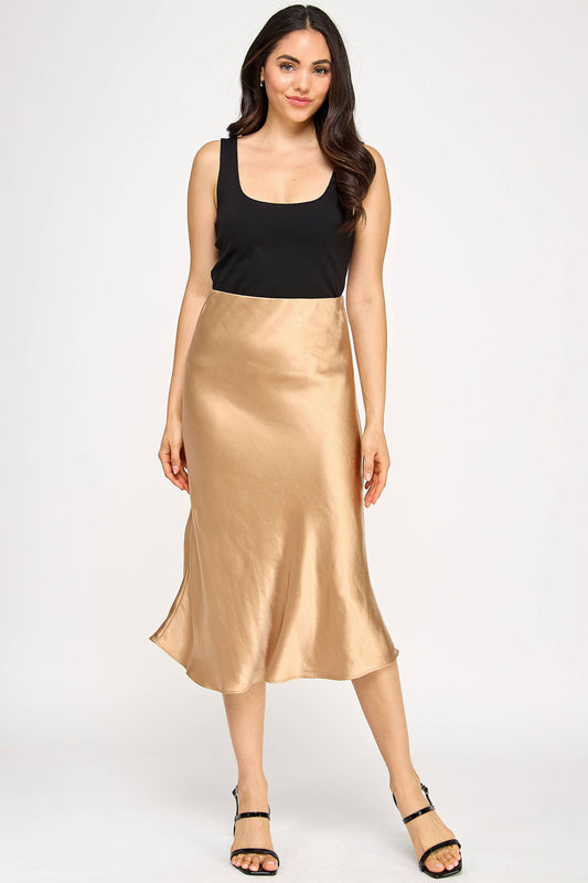 Satin Midi Skirt - Gold - BAY WINDOW