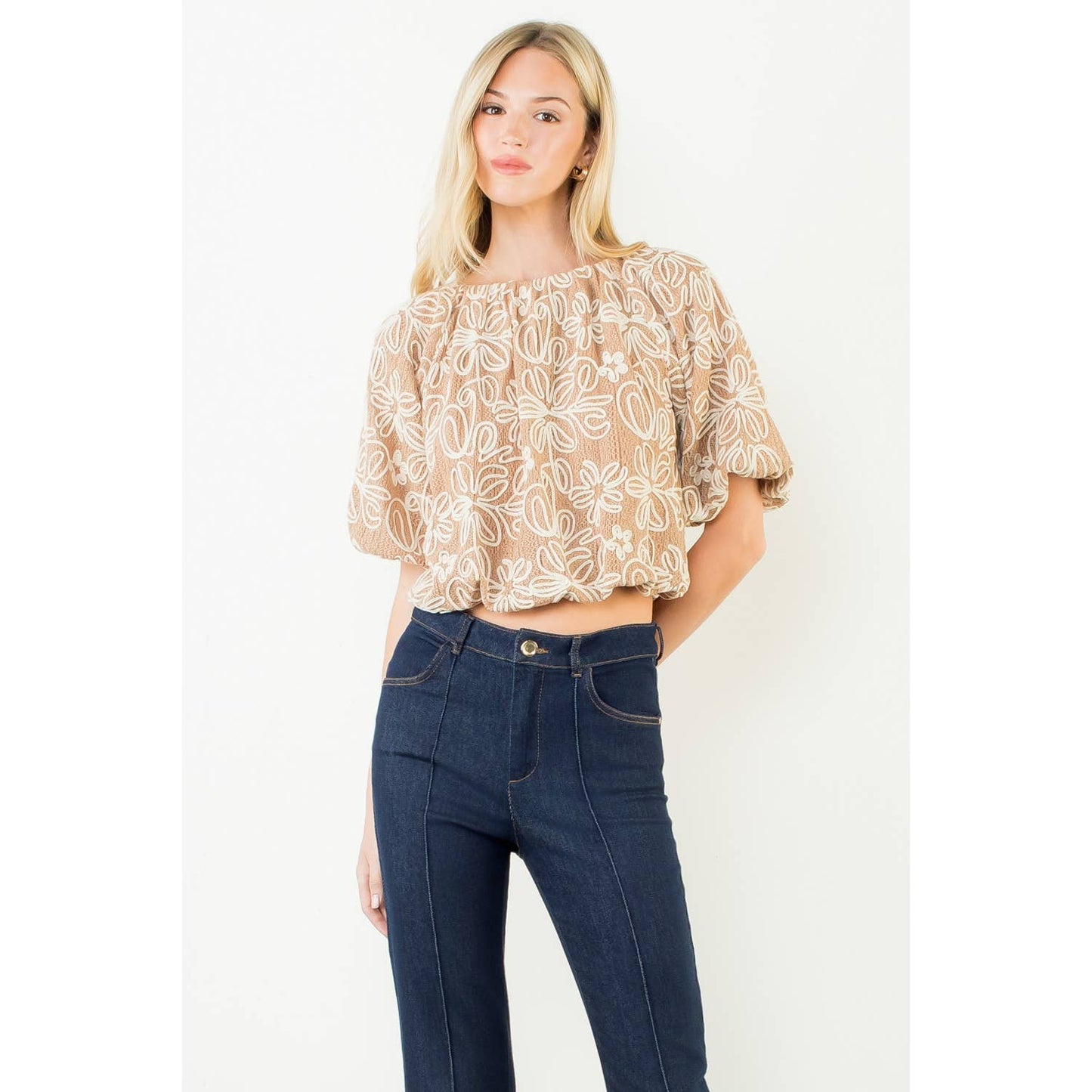 Puff Sleeve Floral Embroidery Detail Top