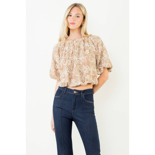 Puff Sleeve Floral Embroidery Detail Top