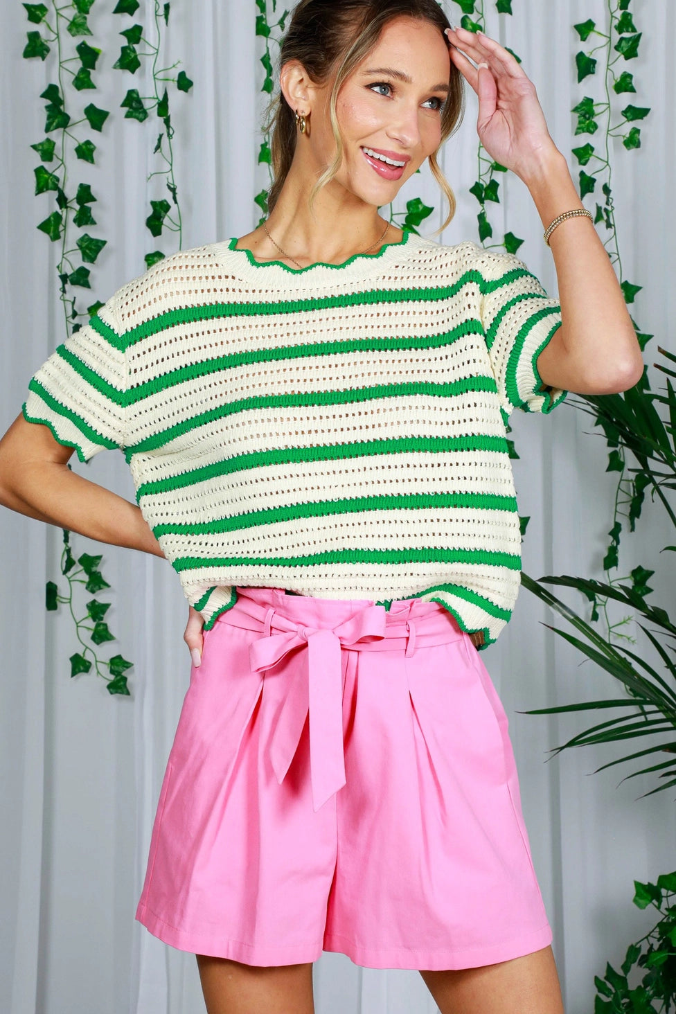 Short Sleeve Edge Detail Striped Sweater