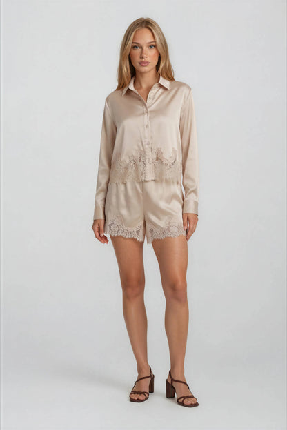 Satin Lace Trim Shorts-Champagne