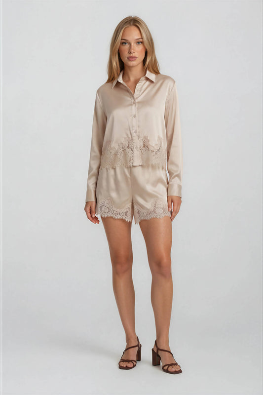 Lace Trim Hem Long Sleeve Top -Champagne