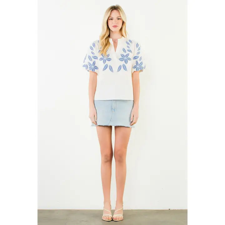 Puff Sleeve Floral Embroidery V-Neck Top - Cream