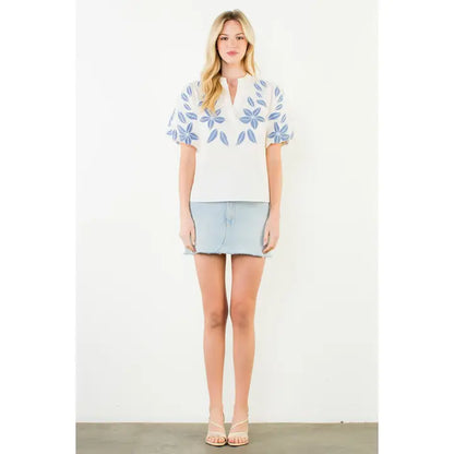 Puff Sleeve Floral Embroidery V-Neck Top - Cream