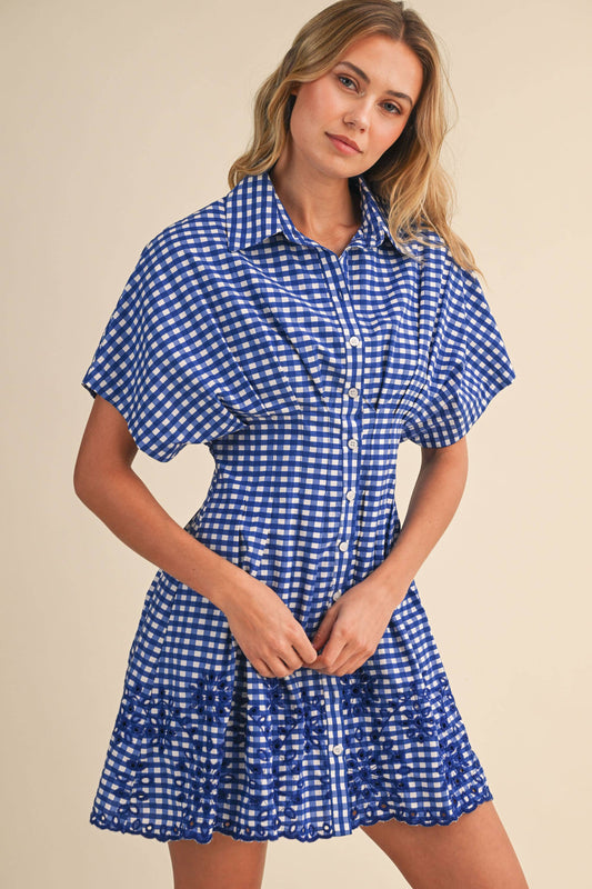IDA1132-B GINGHAM SCALLOPED EMBROIDERED BUTTON DOWN SHIRT DR