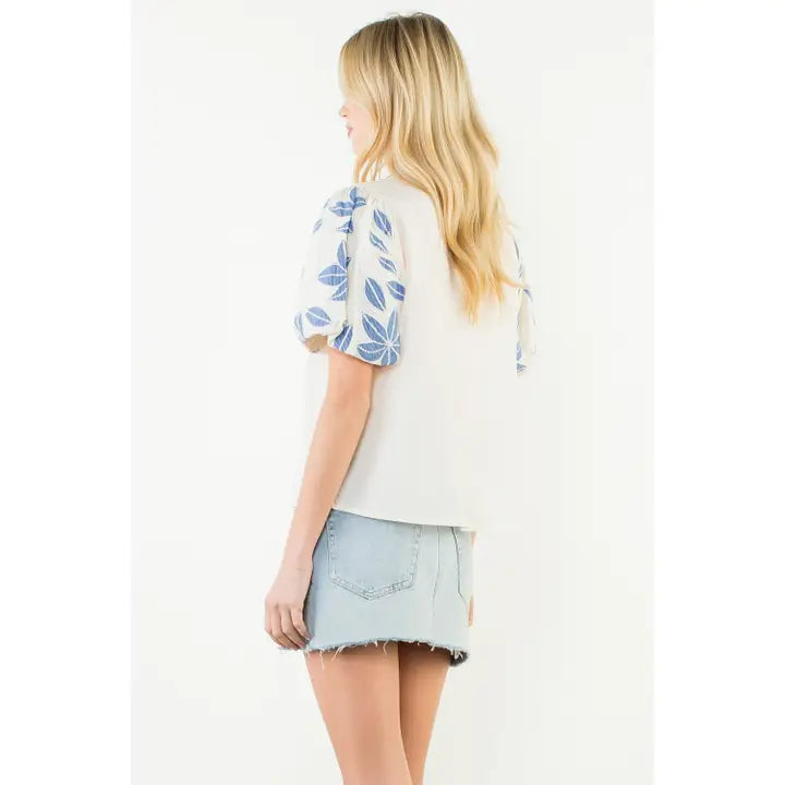 Puff Sleeve Floral Embroidery V-Neck Top - Cream